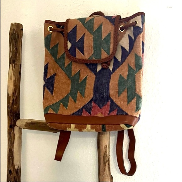 Handbags - Muted Pastels Pink Tan Woven Kilim Tapestry Backpack Leather Trim Boho Festival
